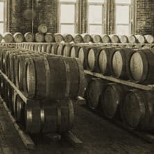 A row of wooden whiskey barrels lined up in a rustic warehouse